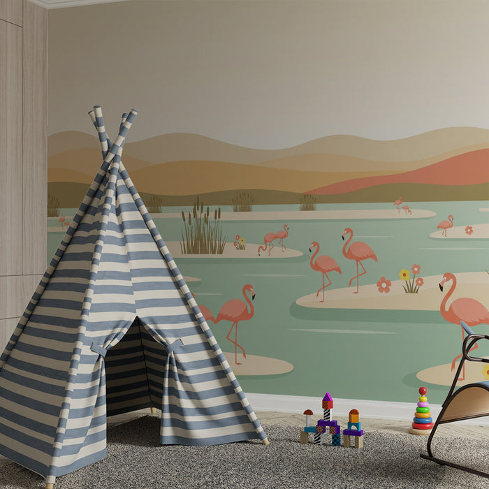 Papel de parede para quarto infantil | Flamingos e paisagens tranquilas à beira de água