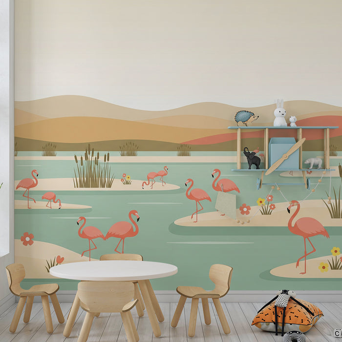 Papel de parede para quarto infantil | Flamingos e paisagens tranquilas à beira de água
