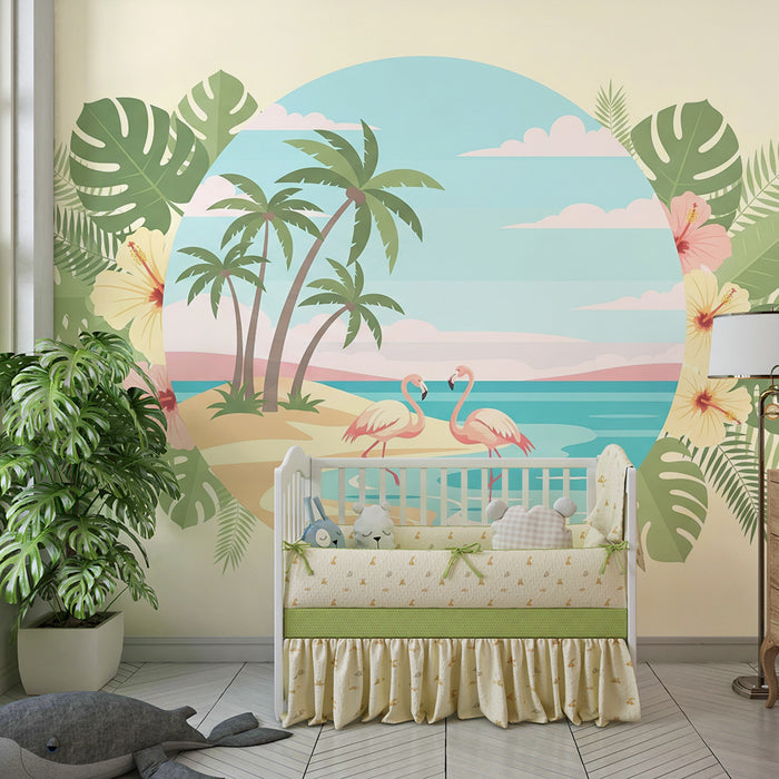 Papel de parede criança | Flamingos em uma praia tropical com palmeiras e flores exóticas