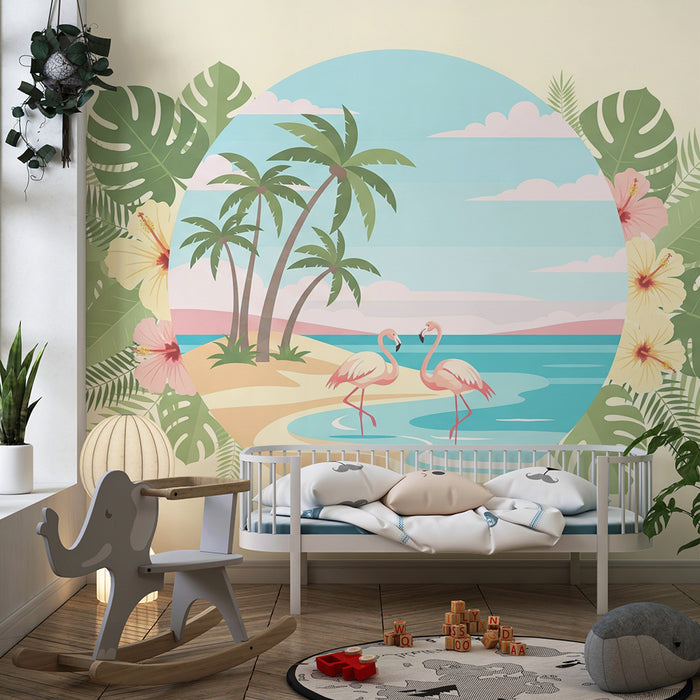 Papel de parede criança | Flamingos em uma praia tropical com palmeiras e flores exóticas