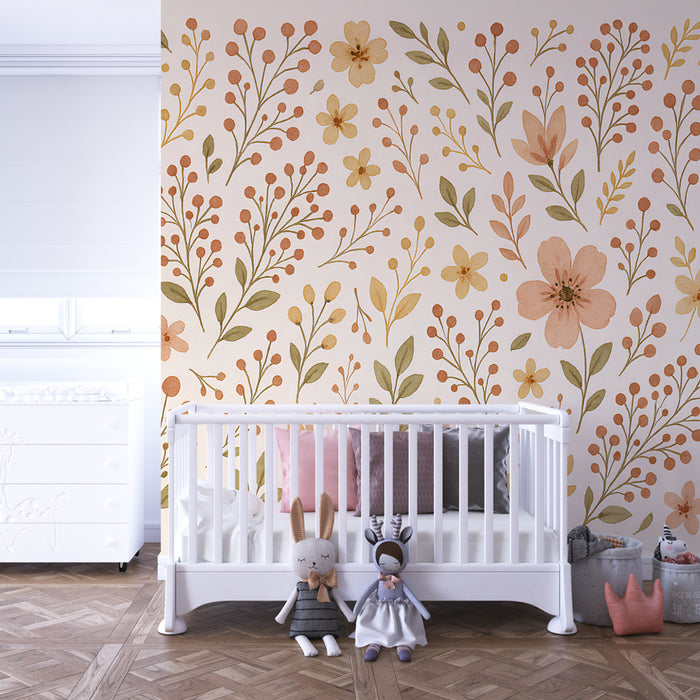 Kinderzimmer Tapete | Zartes Blumenmuster und botanische Motive