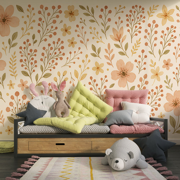 Kinderzimmer Tapete | Zartes Blumenmuster und botanische Motive