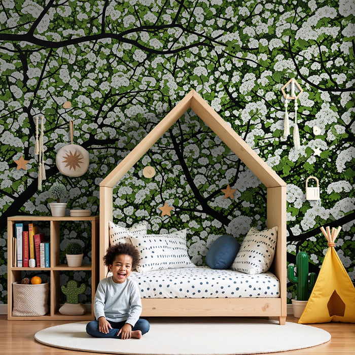 Papel de parede para quarto de criança | Flores da primavera com ramos e folhagem exuberante