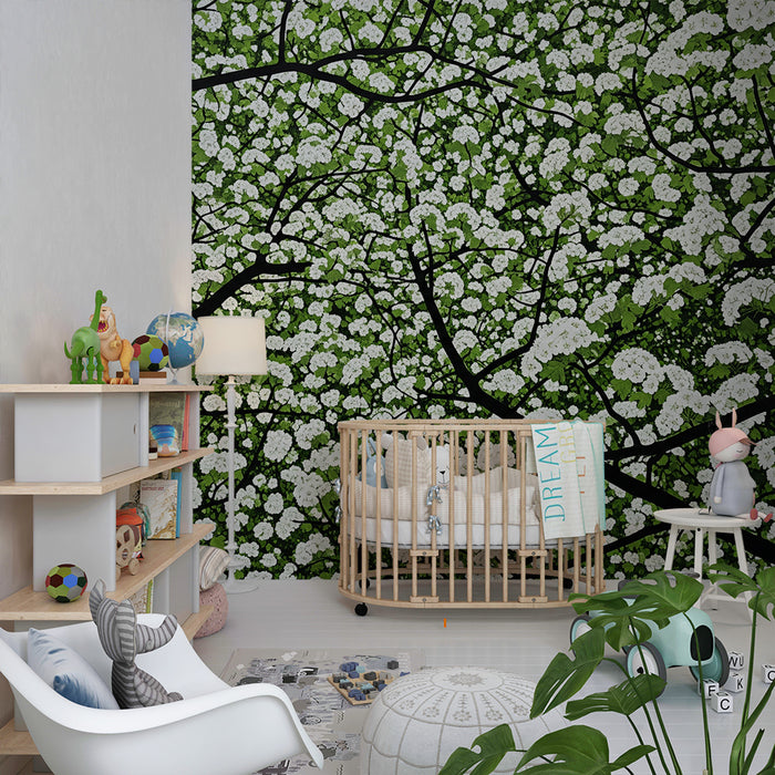 Papel de parede para quarto de criança | Flores da primavera com ramos e folhagem exuberante