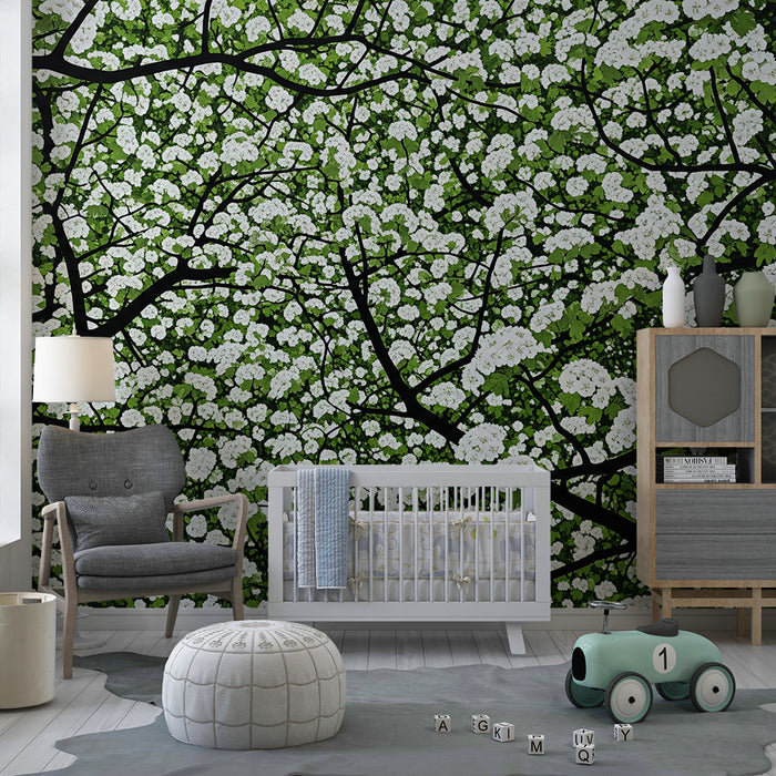 Papel de parede para quarto de criança | Flores da primavera com ramos e folhagem exuberante