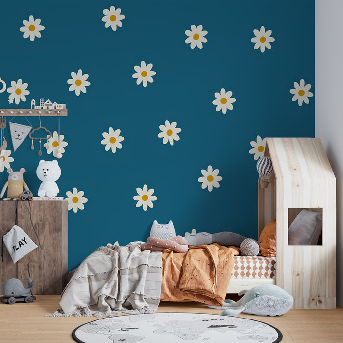 Kids room wallpaper | Valged lilled sinisel pardivärvi taustal