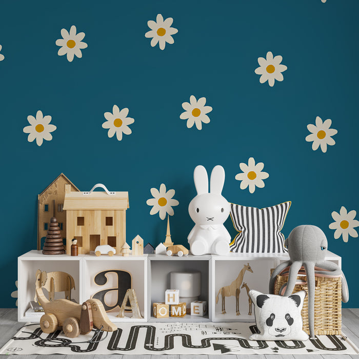 Kids room wallpaper | Valged lilled sinisel pardivärvi taustal