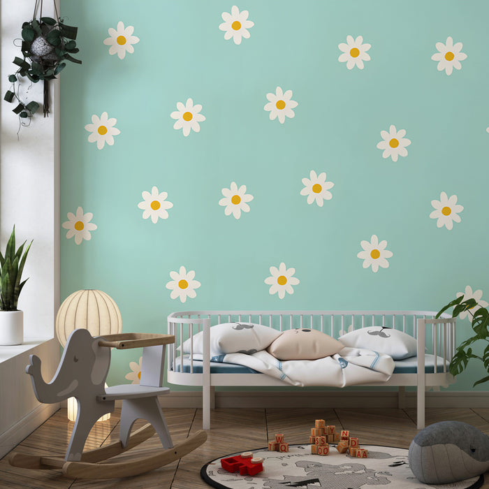 Papier de parede criança | Flores brancas em fundo azul claro