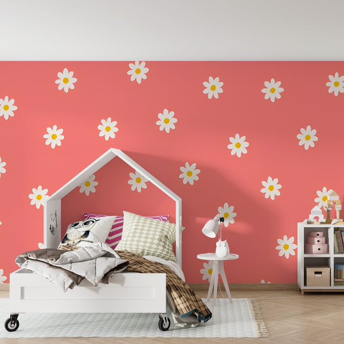 Kids room wallpaper | White flowers on coral background