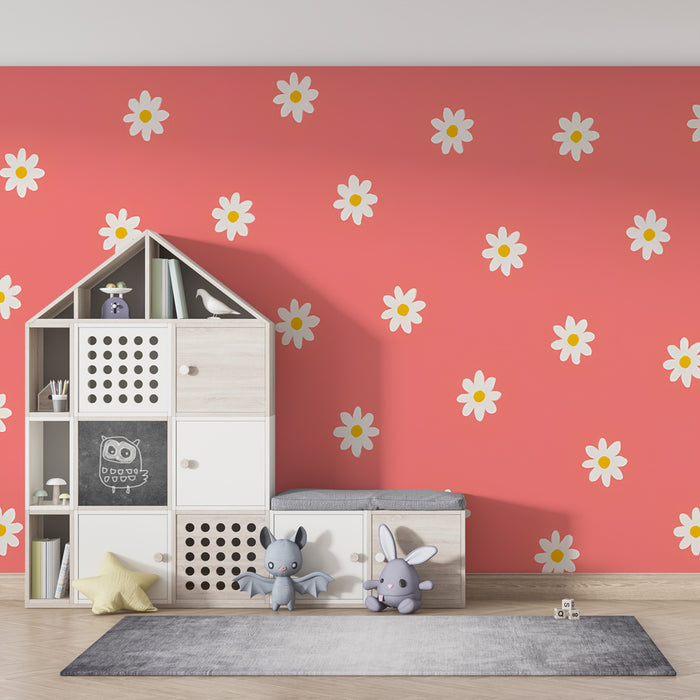 Kids room wallpaper | White flowers on coral background