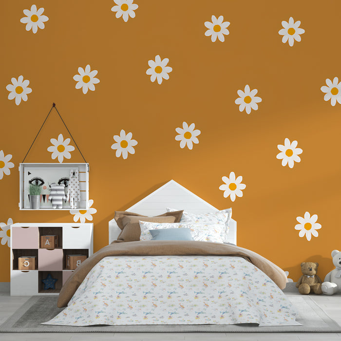 Papel de parede criança | Flores brancas em fundo laranja