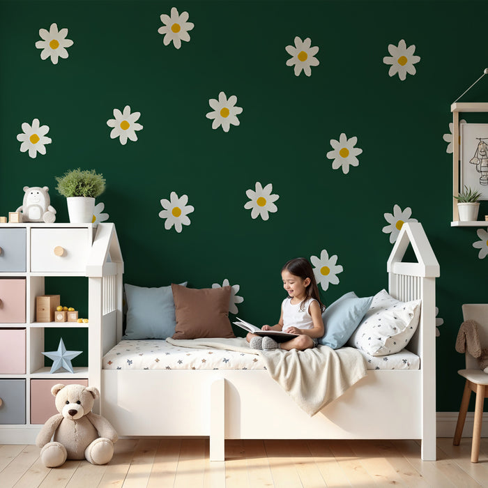 Carta da parati bambini | Fiori bianchi su sfondo verde