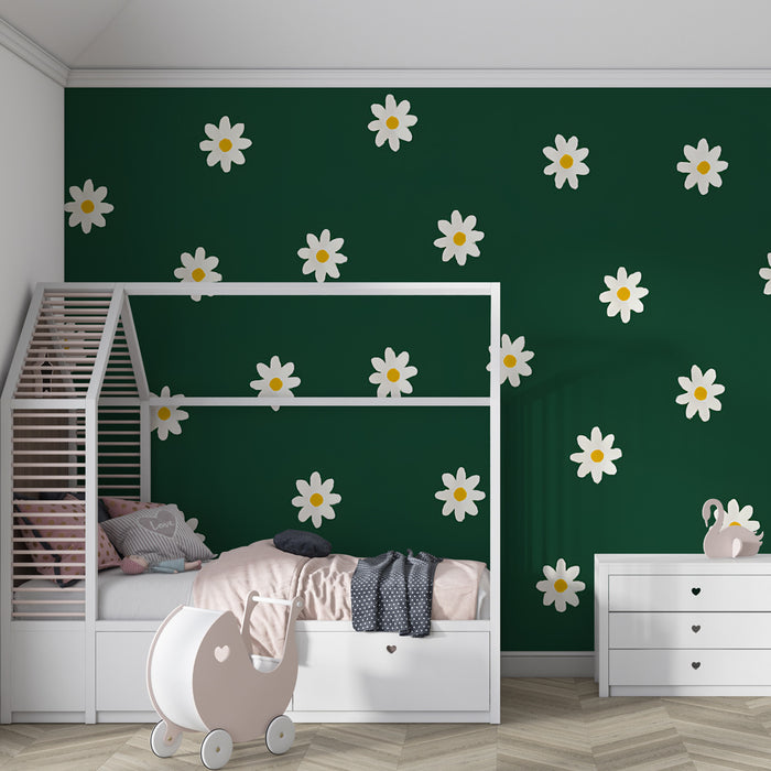 Carta da parati bambini | Fiori bianchi su sfondo verde
