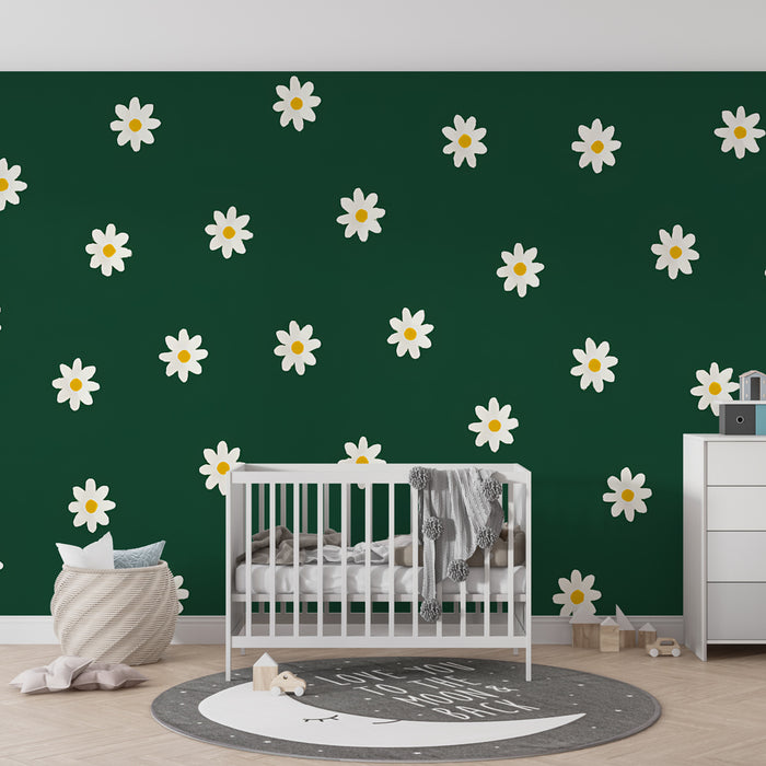 Carta da parati bambini | Fiori bianchi su sfondo verde