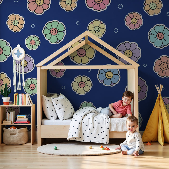 Kids room wallpaper | Colorful flowers with smiling faces on a blue background