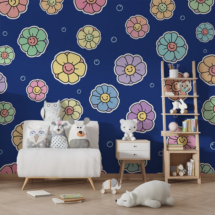 Kids room wallpaper | Colorful flowers with smiling faces on a blue background