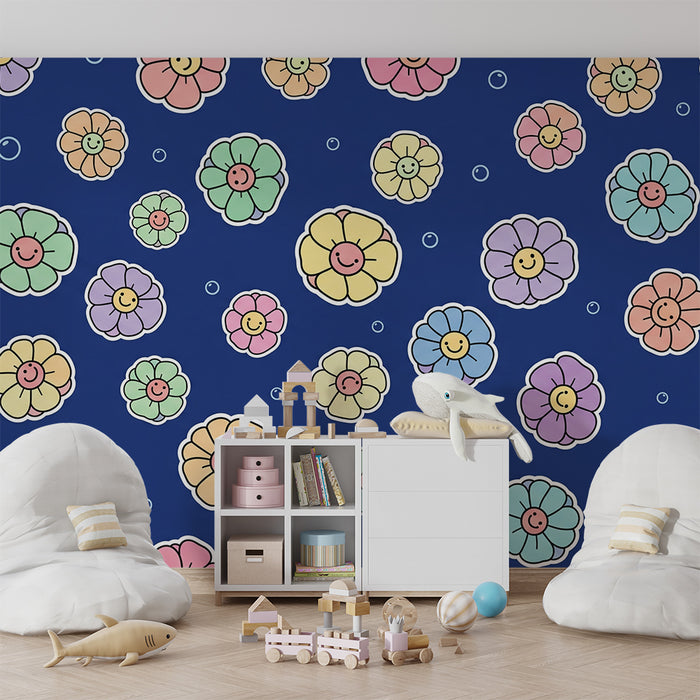 Kids room wallpaper | Colorful flowers with smiling faces on a blue background