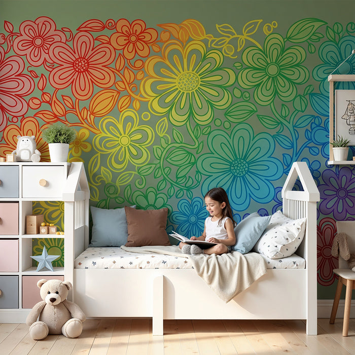 Kinderzimmer Tapete | Bunte Blumen im Regenbogenverlauf
