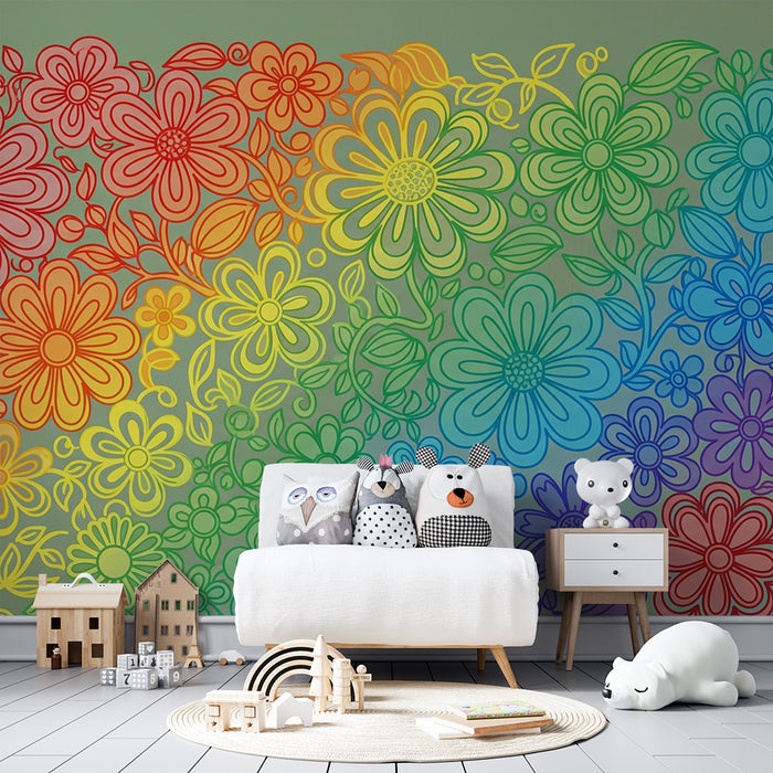Kinderzimmer Tapete | Bunte Blumen im Regenbogenverlauf