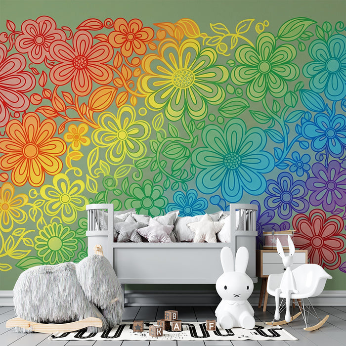 Kinderzimmer Tapete | Bunte Blumen im Regenbogenverlauf