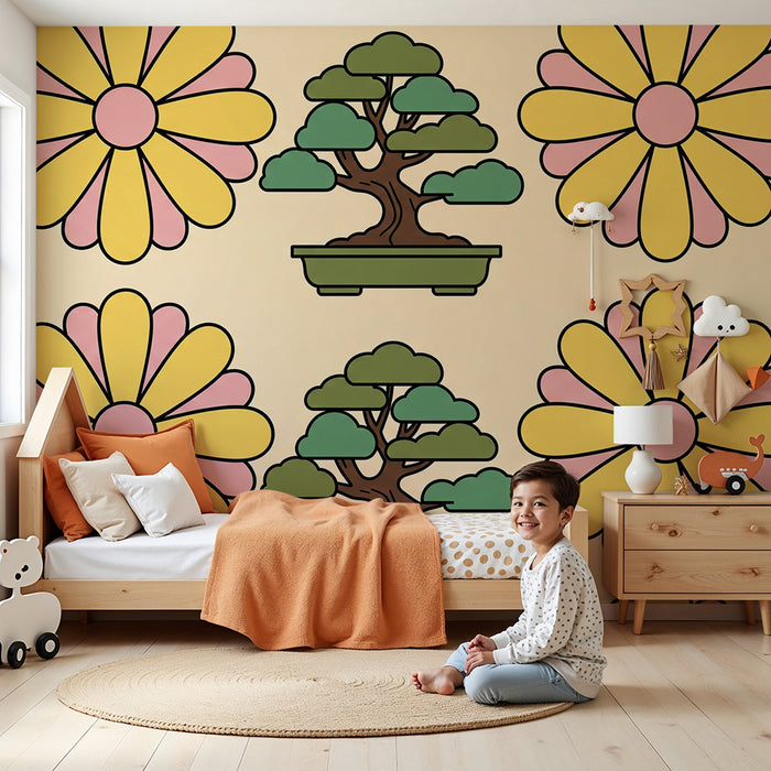 Papel pintado infantil | Flores coloridas y bonsáis divertidos sobre fondo suave