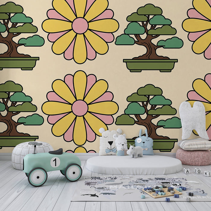 Papel pintado infantil | Flores coloridas y bonsáis divertidos sobre fondo suave