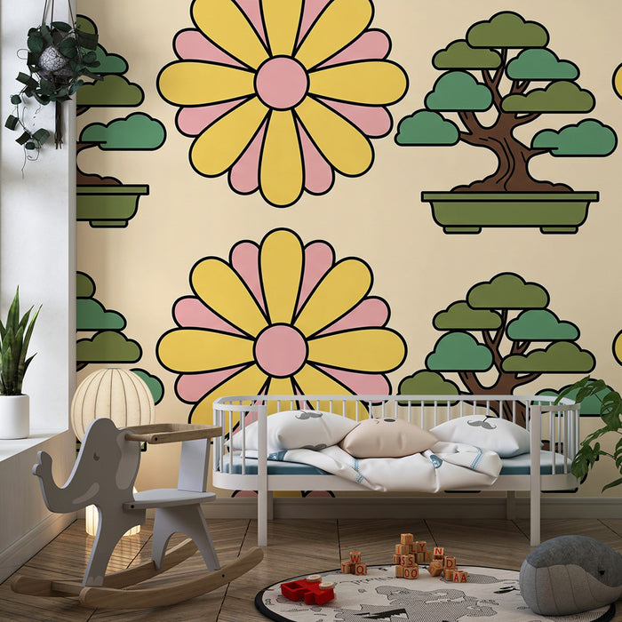 Papel pintado infantil | Flores coloridas y bonsáis divertidos sobre fondo suave