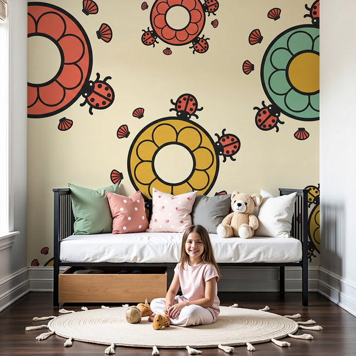Kids' Room Wallpaper | Colorful Flowers and Ladybugs on a Soft Background