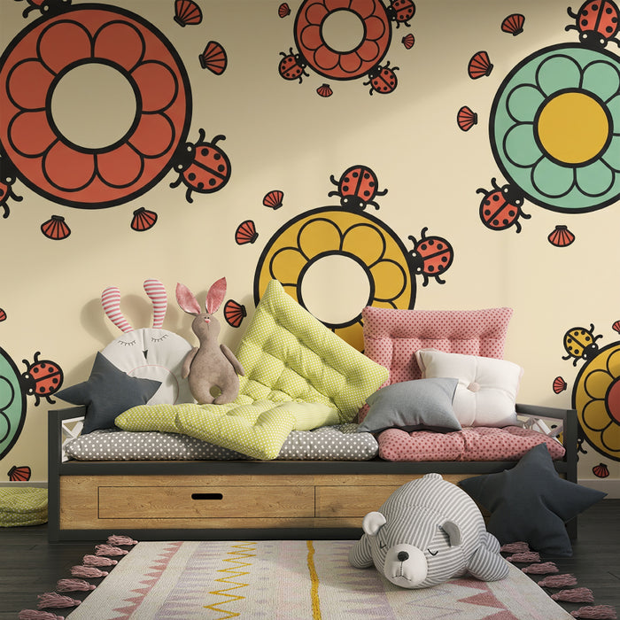 Kids' Room Wallpaper | Colorful Flowers and Ladybugs on a Soft Background