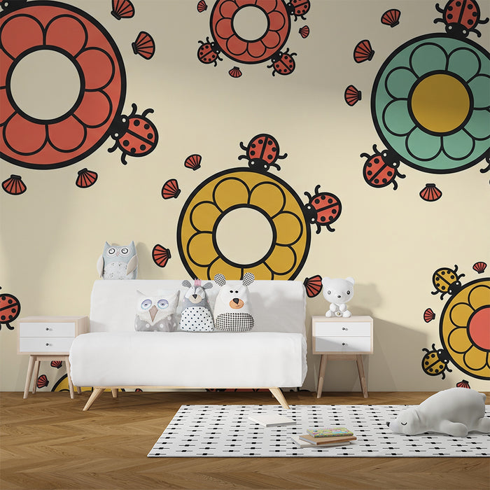 Kids' Room Wallpaper | Colorful Flowers and Ladybugs on a Soft Background