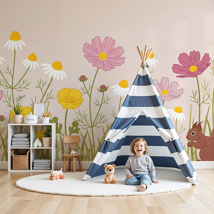 Papier peint chambre enfant | Fleurs colorées et écureuil dans le pré