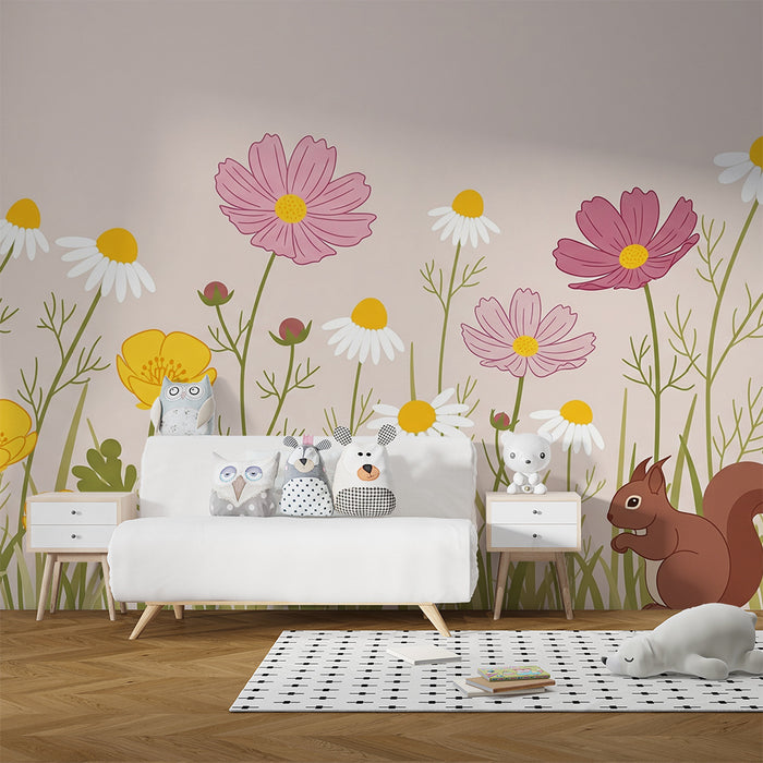 Papier peint chambre enfant | Fleurs colorées et écureuil dans le pré