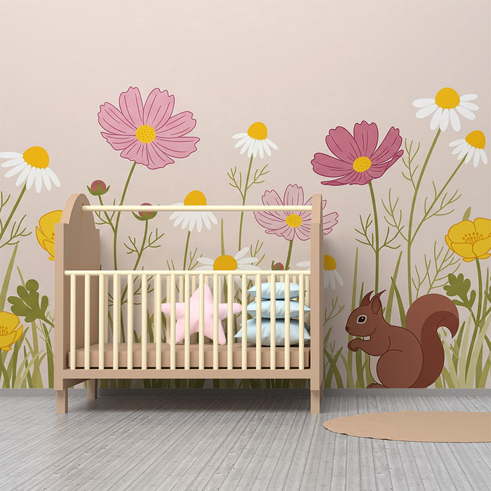 Papier peint chambre enfant | Fleurs colorées et écureuil dans le pré