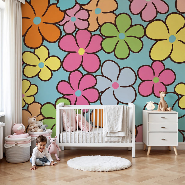 Tapet pentru camera copilului | Flori colorate pe fundal albastru strălucitor