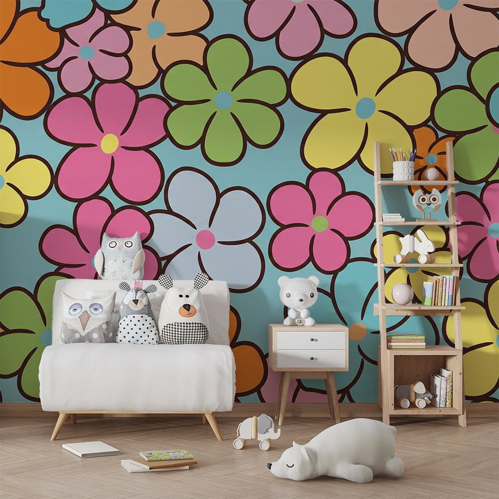 Kids' Room Wallpaper | Colorful Flowers on a Bright Blue Background