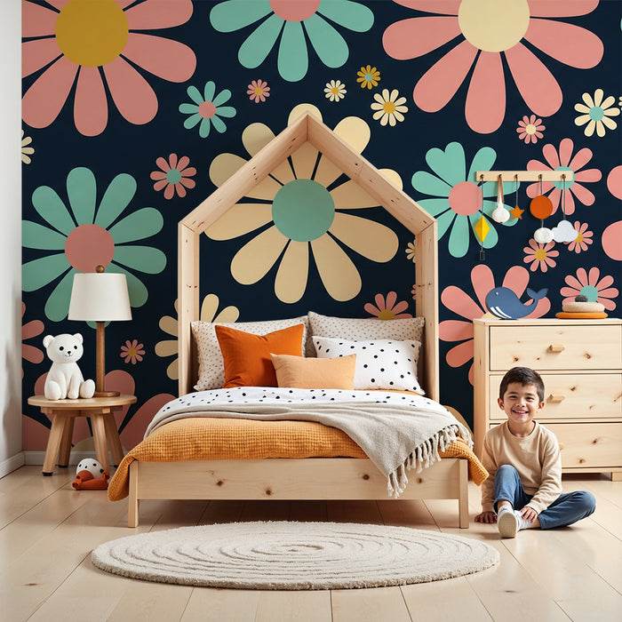 Kinderzimmer Tapete | Bunte Blumen auf dunkelblauem Hintergrund