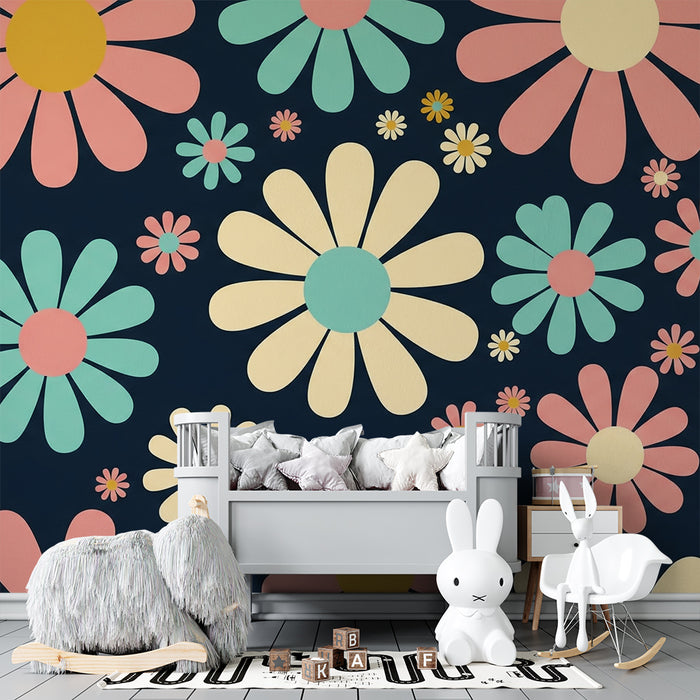 Kinderzimmer Tapete | Bunte Blumen auf dunkelblauem Hintergrund