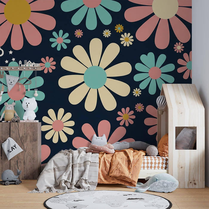 Kinderzimmer Tapete | Bunte Blumen auf dunkelblauem Hintergrund