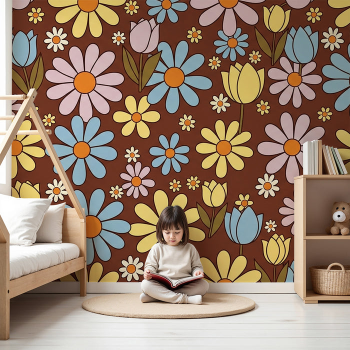 Behang kinderkamer | Vrolijke bloemen op bruine achtergrond voor een vrolijke sfeer