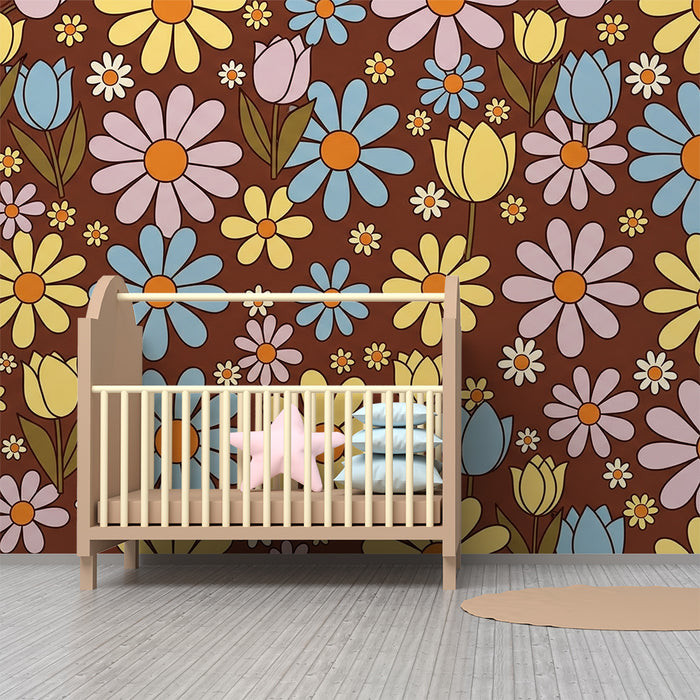 Behang kinderkamer | Vrolijke bloemen op bruine achtergrond voor een vrolijke sfeer