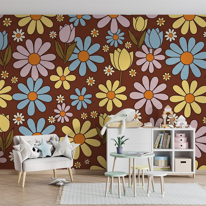 Behang kinderkamer | Vrolijke bloemen op bruine achtergrond voor een vrolijke sfeer