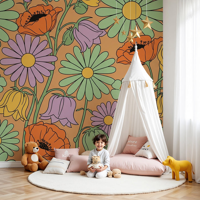 Papel pintado infantil | Flores de colores sobre fondo naranja brillante