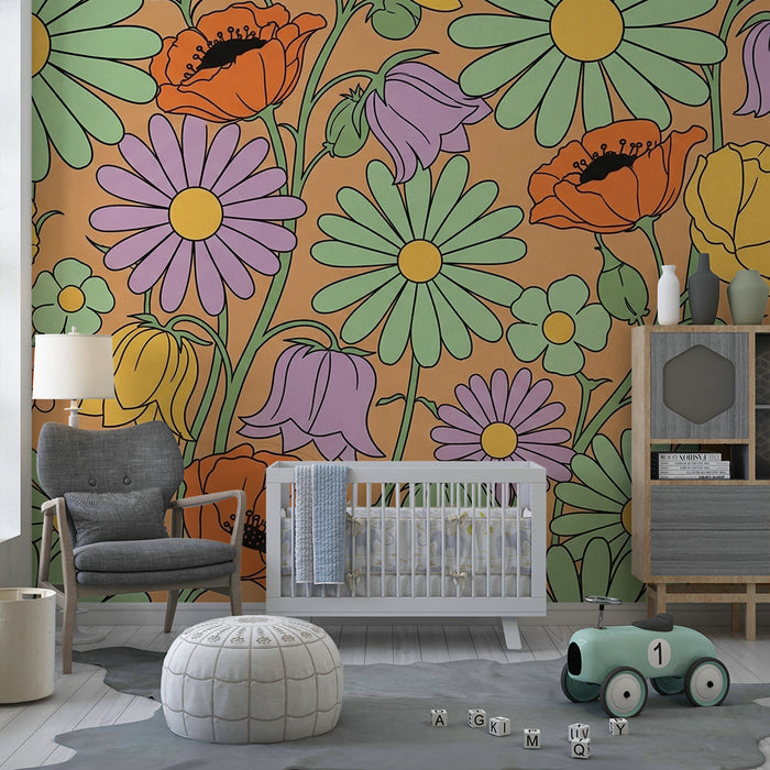 Papel pintado infantil | Flores de colores sobre fondo naranja brillante