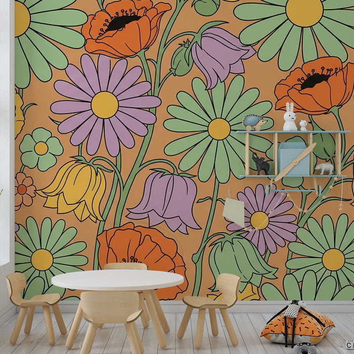 Papel pintado infantil | Flores de colores sobre fondo naranja brillante
