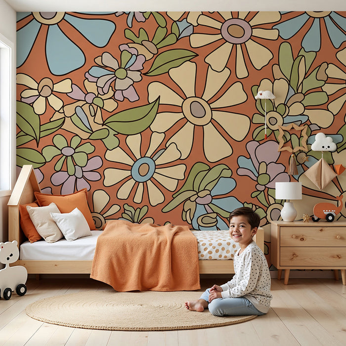 Kids room wallpaper | Colorful flowers on terracotta background