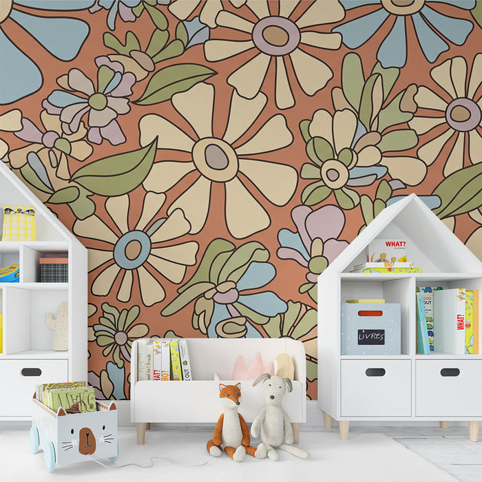 Kids room wallpaper | Colorful flowers on terracotta background