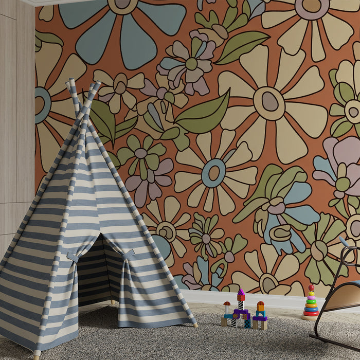 Kids room wallpaper | Colorful flowers on terracotta background