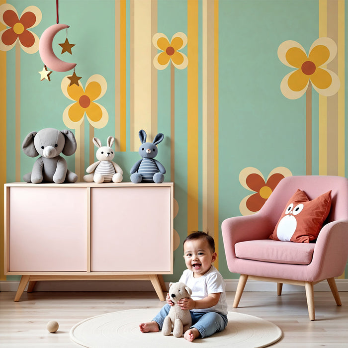 Papel de parede criança | Coloridas flores em fundo turquesa com listras
