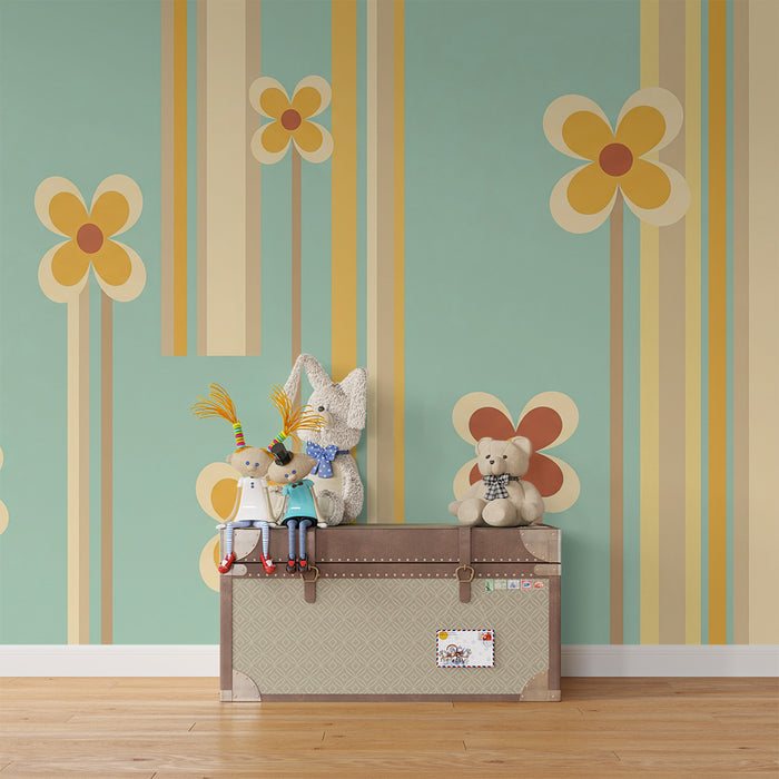Papel de parede criança | Coloridas flores em fundo turquesa com listras