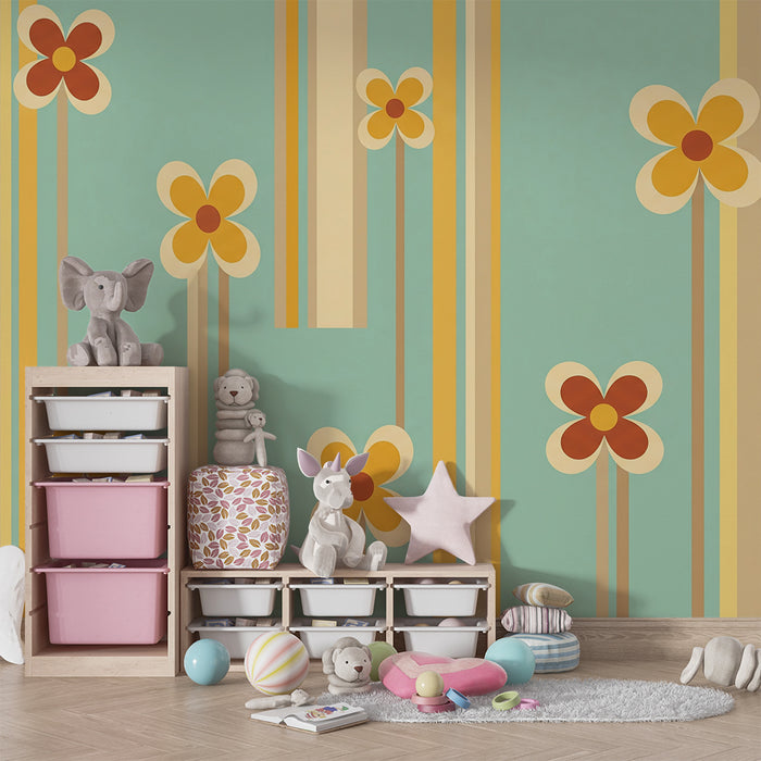 Papel de parede criança | Coloridas flores em fundo turquesa com listras